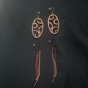 Rose Gold Filigree Oval and Chain Drop Earrings Set - Women Jewelry